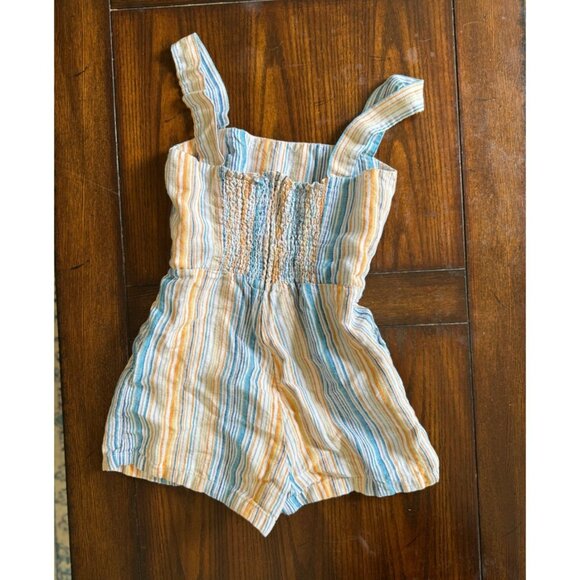 Reformation Island Linen Romper in Marbella Striped White Blue Orange Smocking 2 - Picture 2 of 10